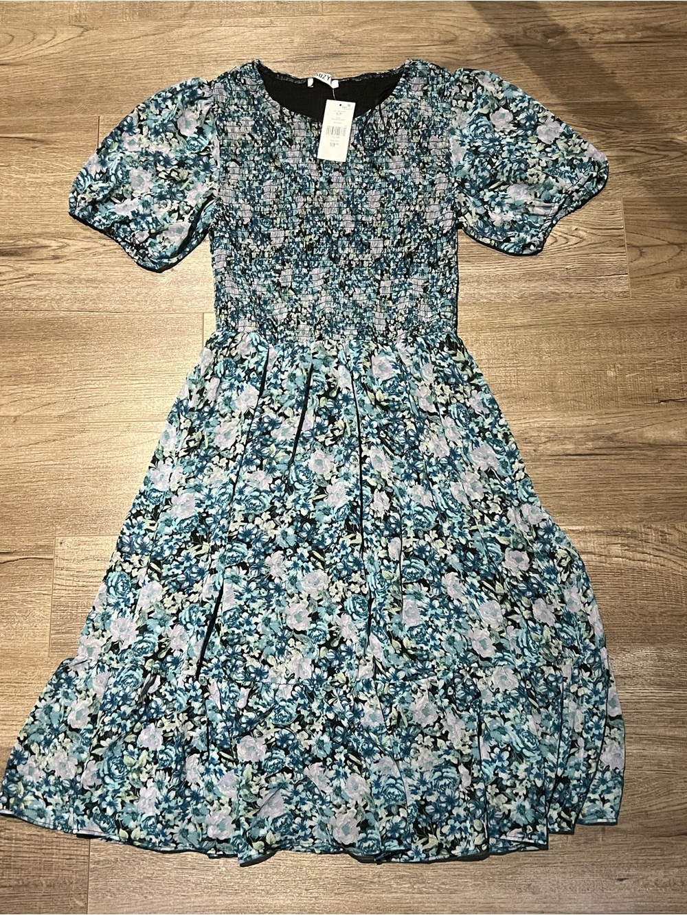 Floral Smocked Midi Dress in Blue & Pink Size Small NWT